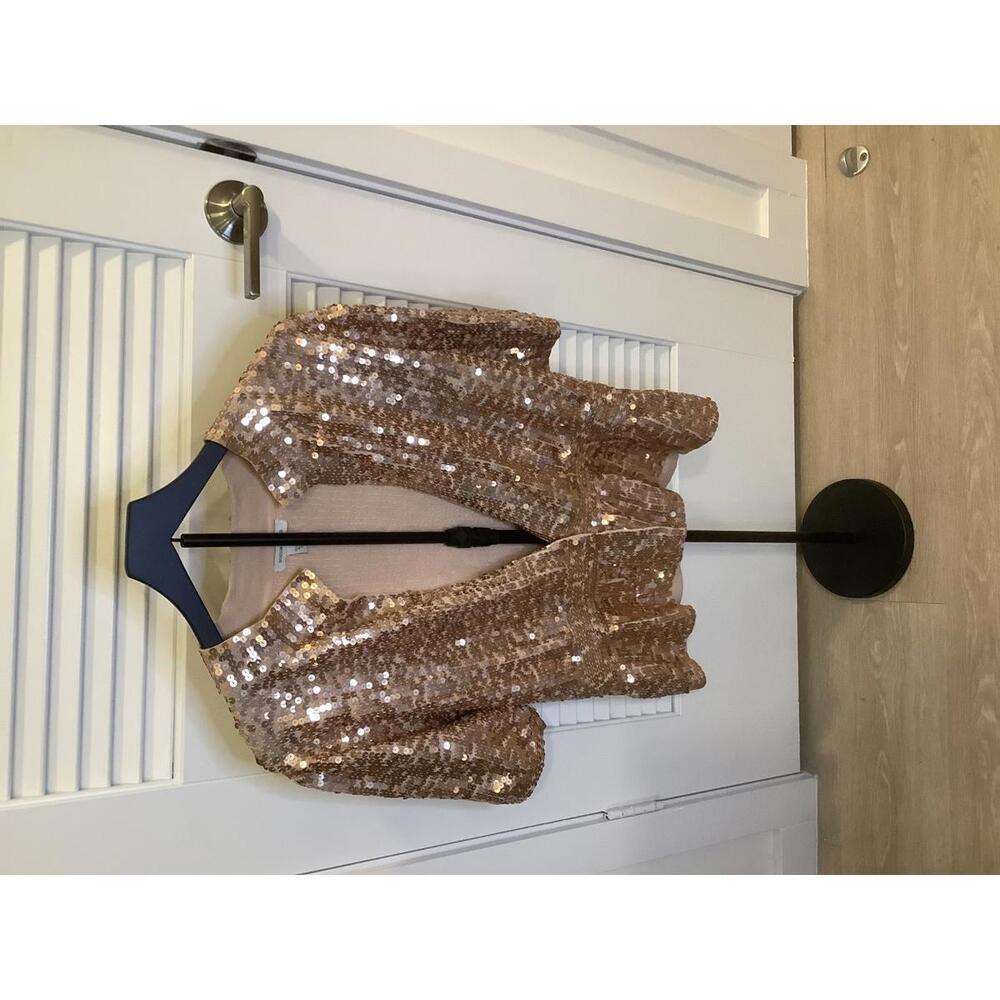 Boston Proper Rose Gold Sequin Sparkle Peplum Cardigan Top Party Resortwear M